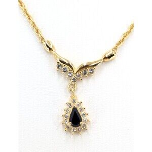 Roman Black Teardrop Pendant Necklace Gold Tone Clear Rhinestone Elegant Charm